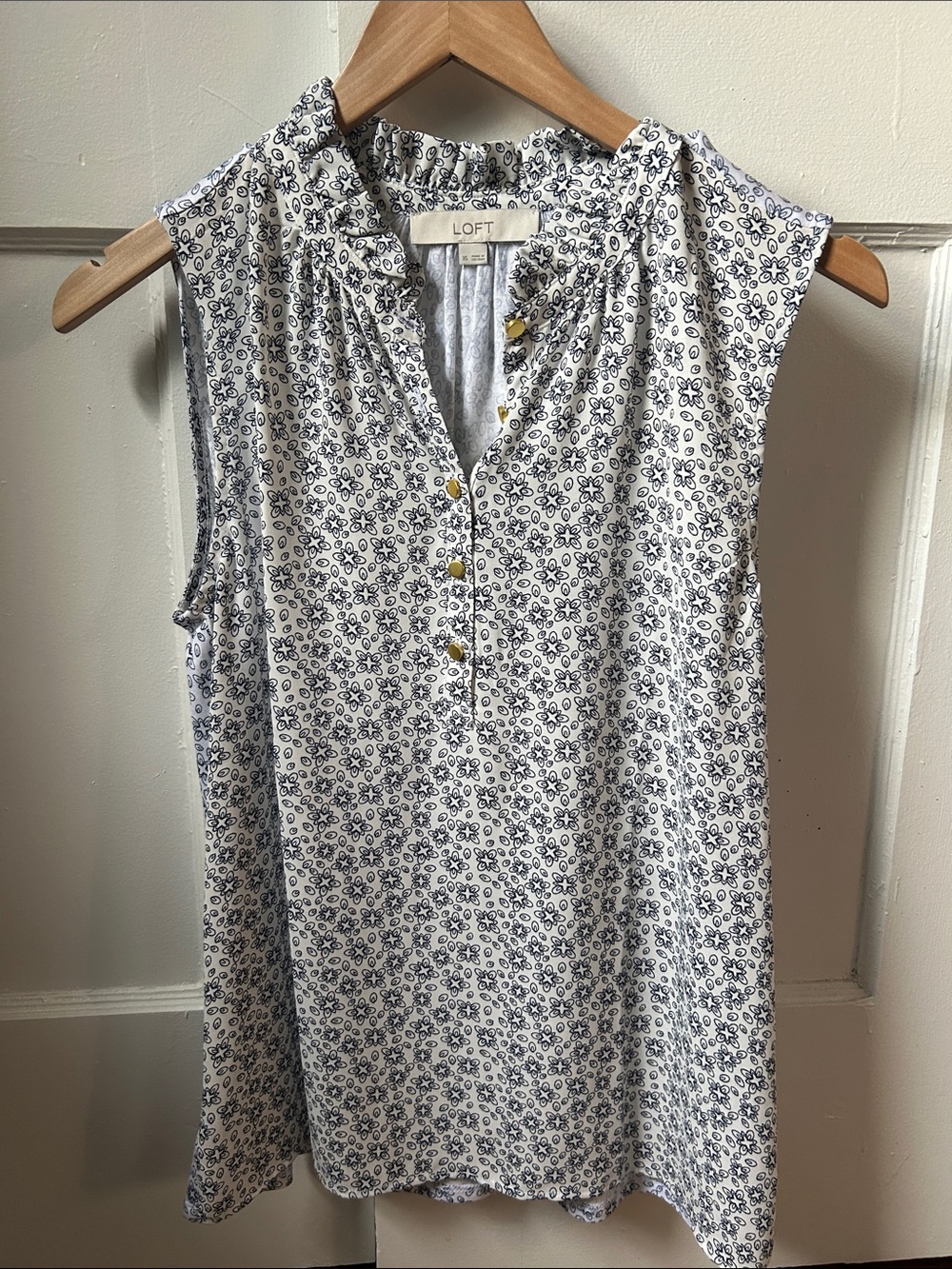 LOFT White Top with Navy Floral Print and Gold Buttons